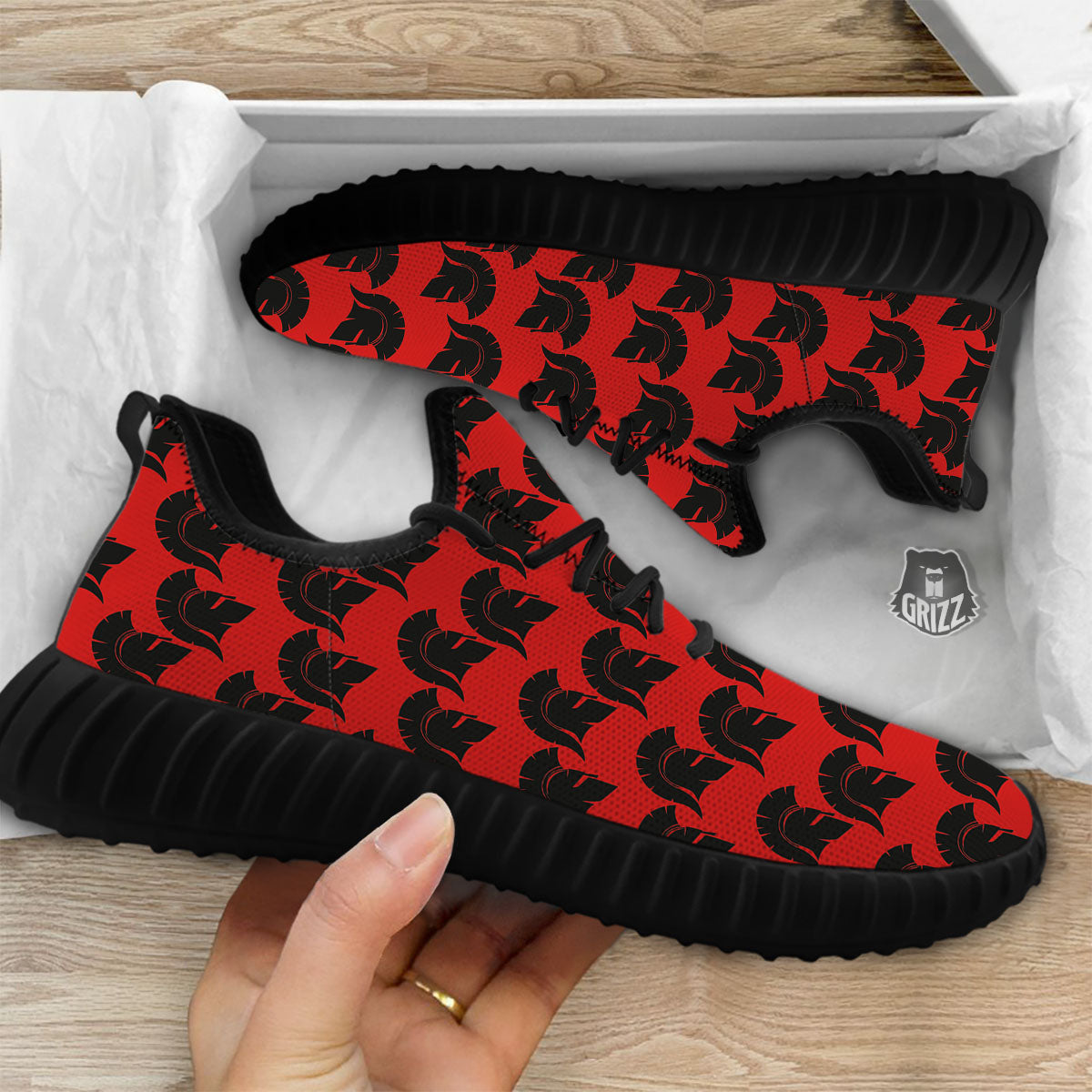 Spartan Red And Black Print Pattern Black Walking Shoes-grizzshop