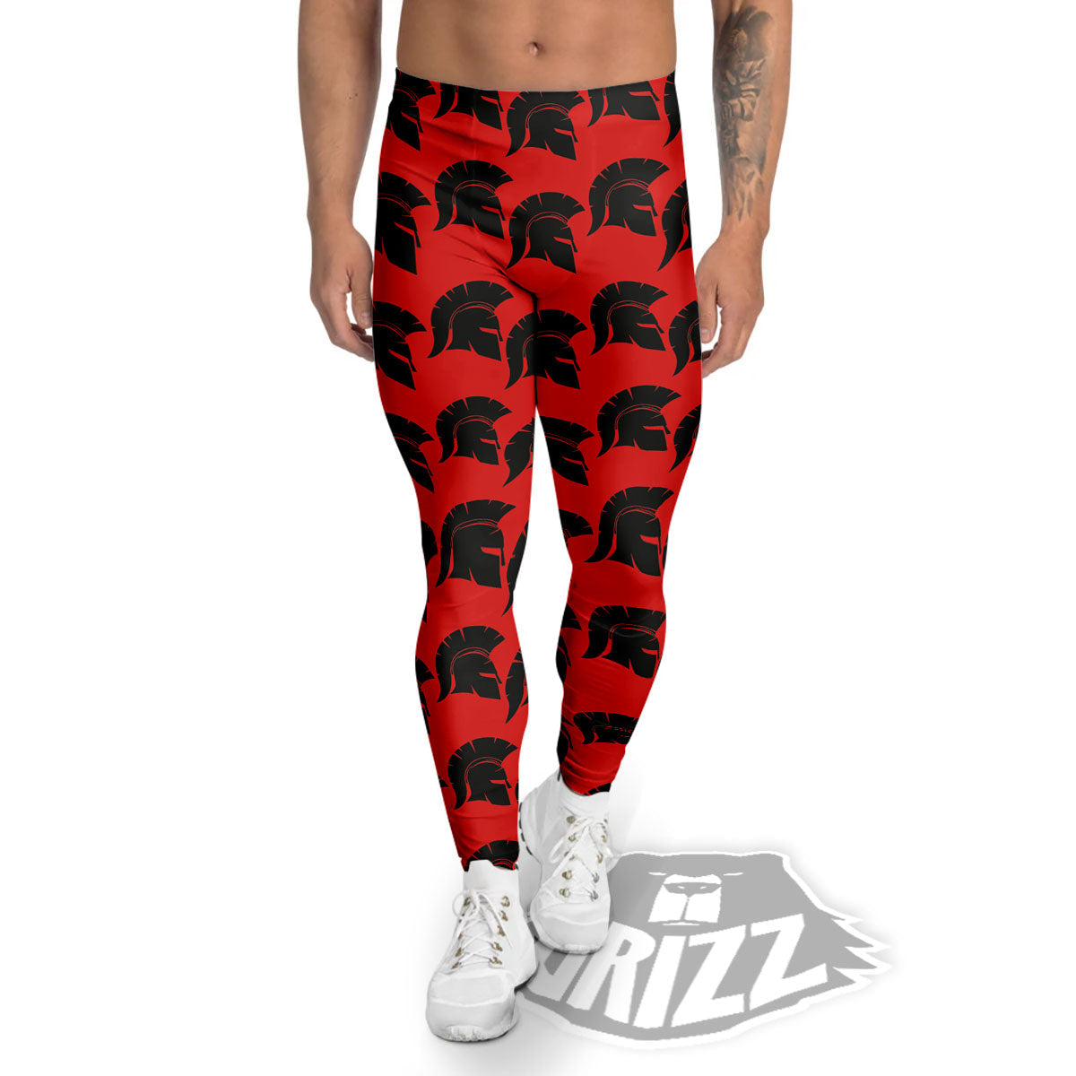 Spartan Red And Black Print Pattern Men's Leggings-grizzshop