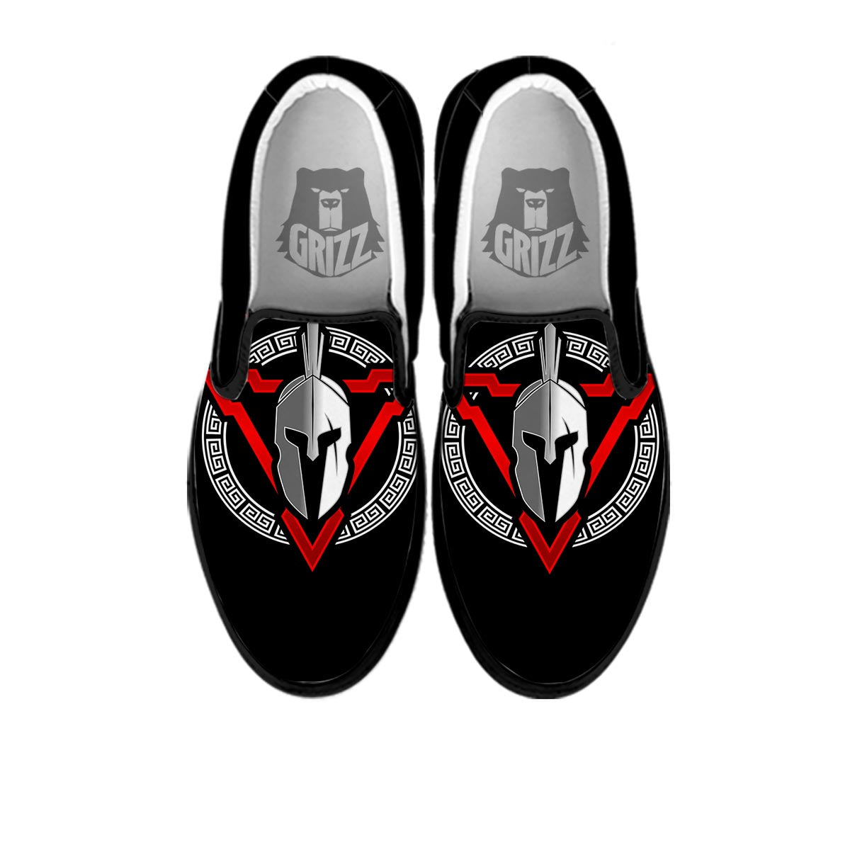 Spartan Red And White Print Black Slip On Shoes-grizzshop