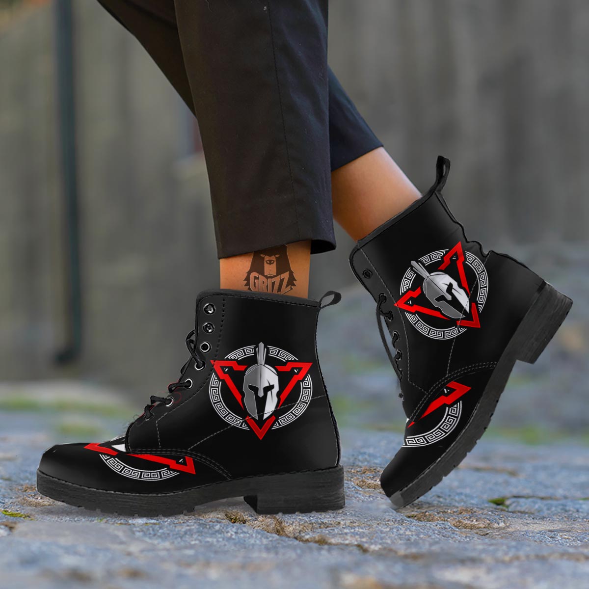 Spartan Red And White Print Leather Boots-grizzshop