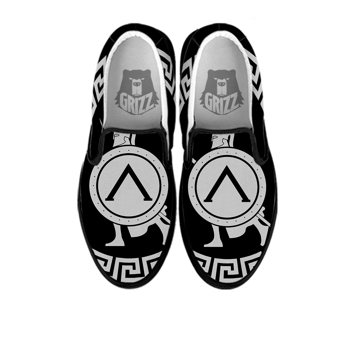Spartan Warrior White And Black Print Black Slip On Shoes-grizzshop