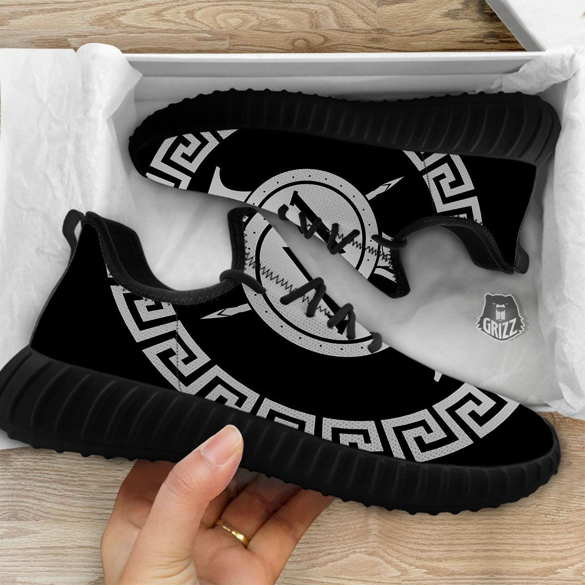 Spartan Warrior White And Black Print Black Walking Shoes-grizzshop