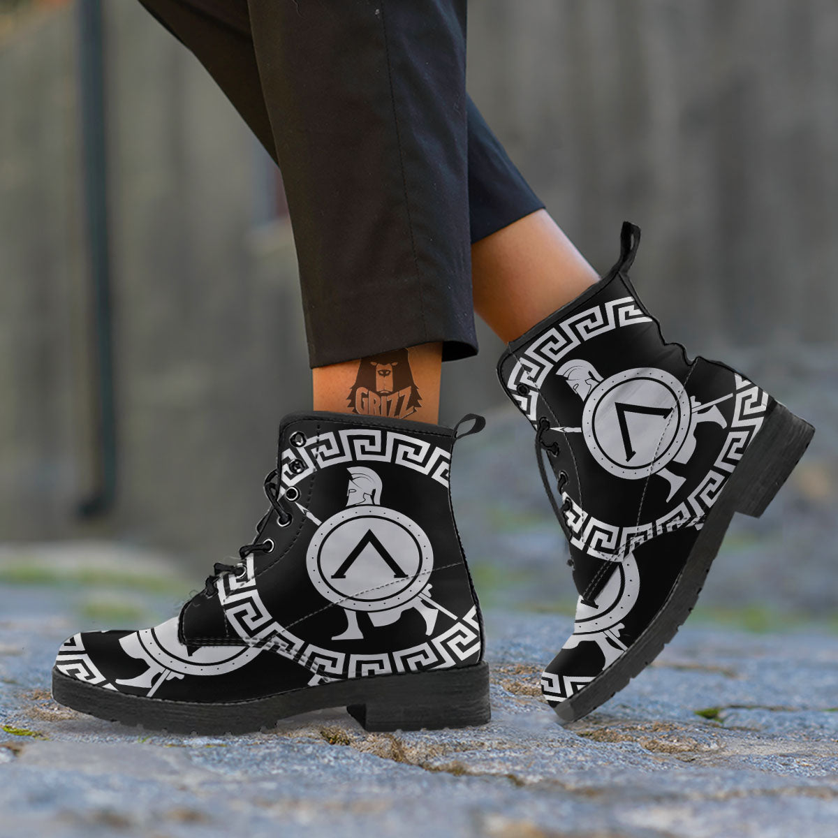 Spartan Warrior White And Black Print Leather Boots-grizzshop
