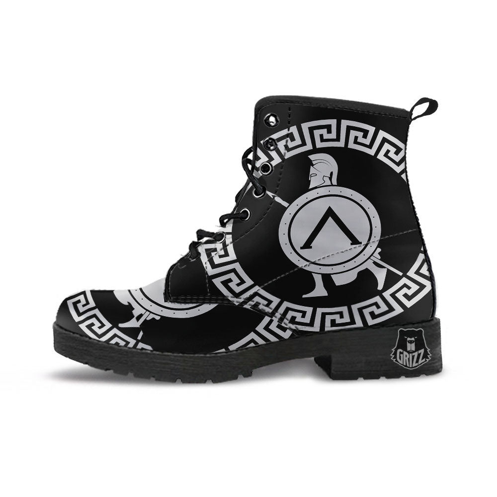Spartan Warrior White And Black Print Leather Boots-grizzshop