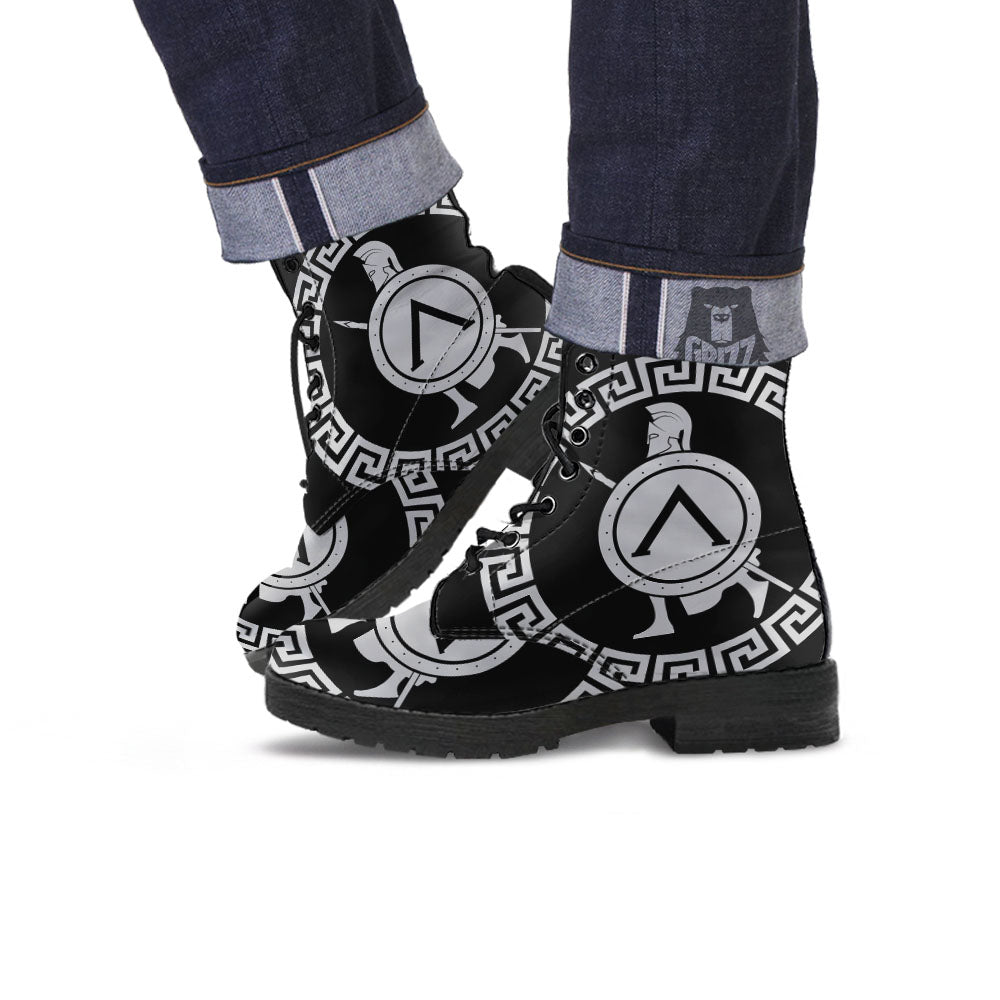 Spartan Warrior White And Black Print Leather Boots-grizzshop