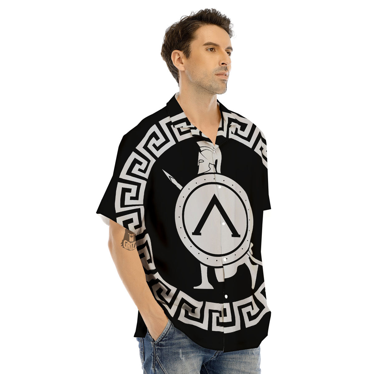 Spartan Warrior White And Black Print Men's Hawaiian Shirt-grizzshop