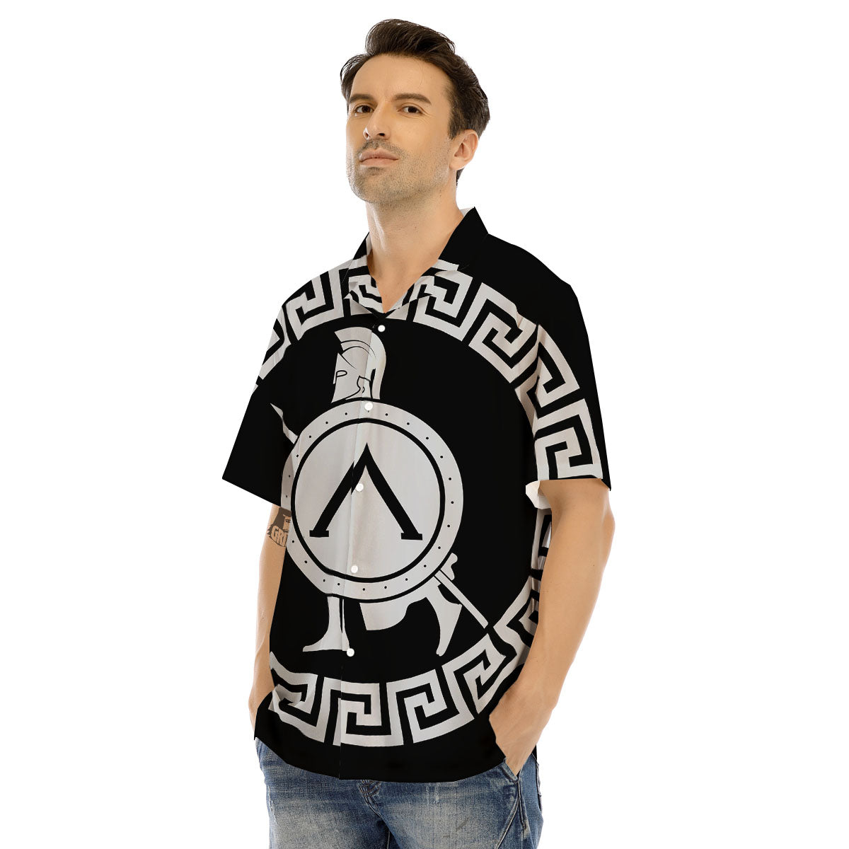 Spartan Warrior White And Black Print Men's Hawaiian Shirt-grizzshop