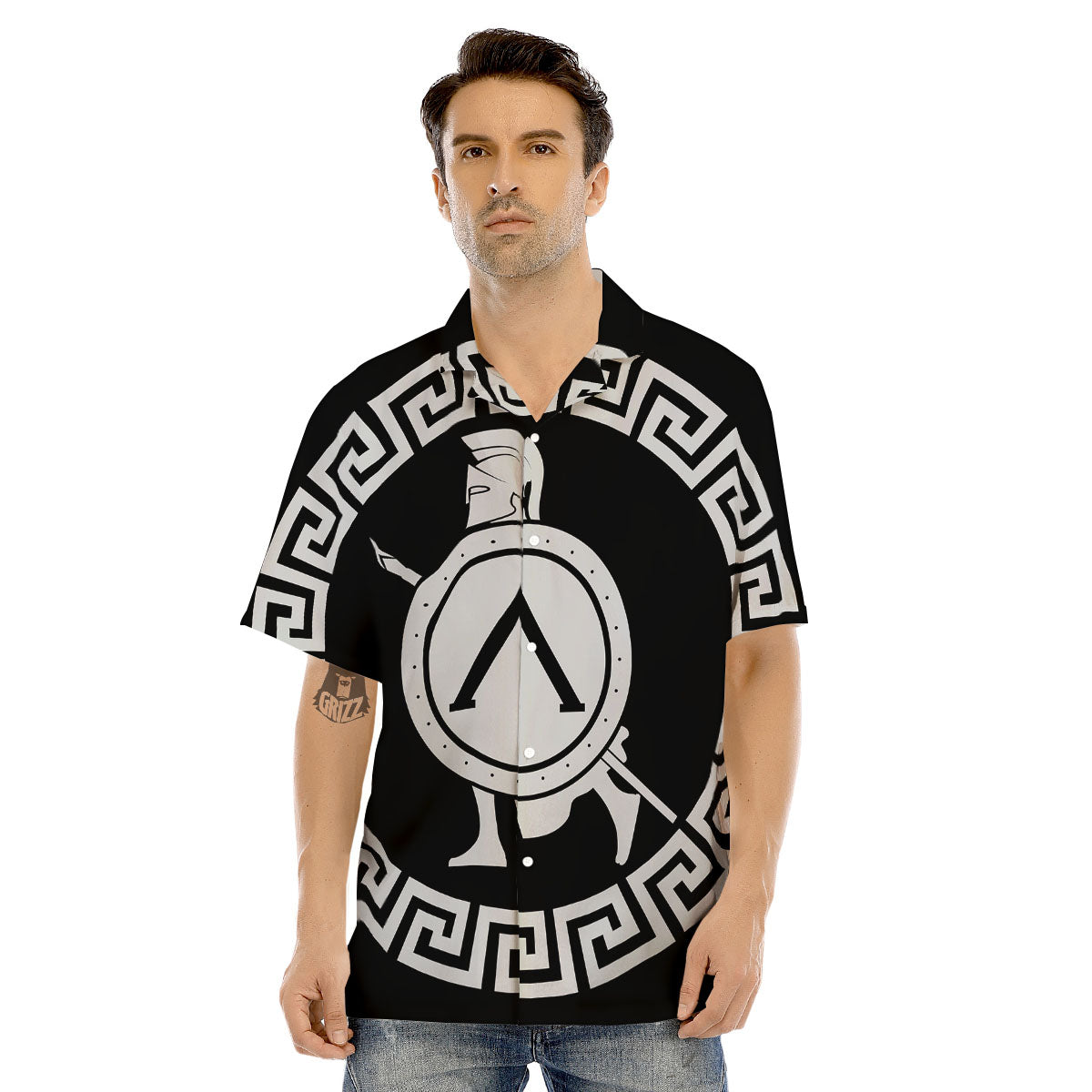 Spartan Warrior White And Black Print Men's Hawaiian Shirt-grizzshop