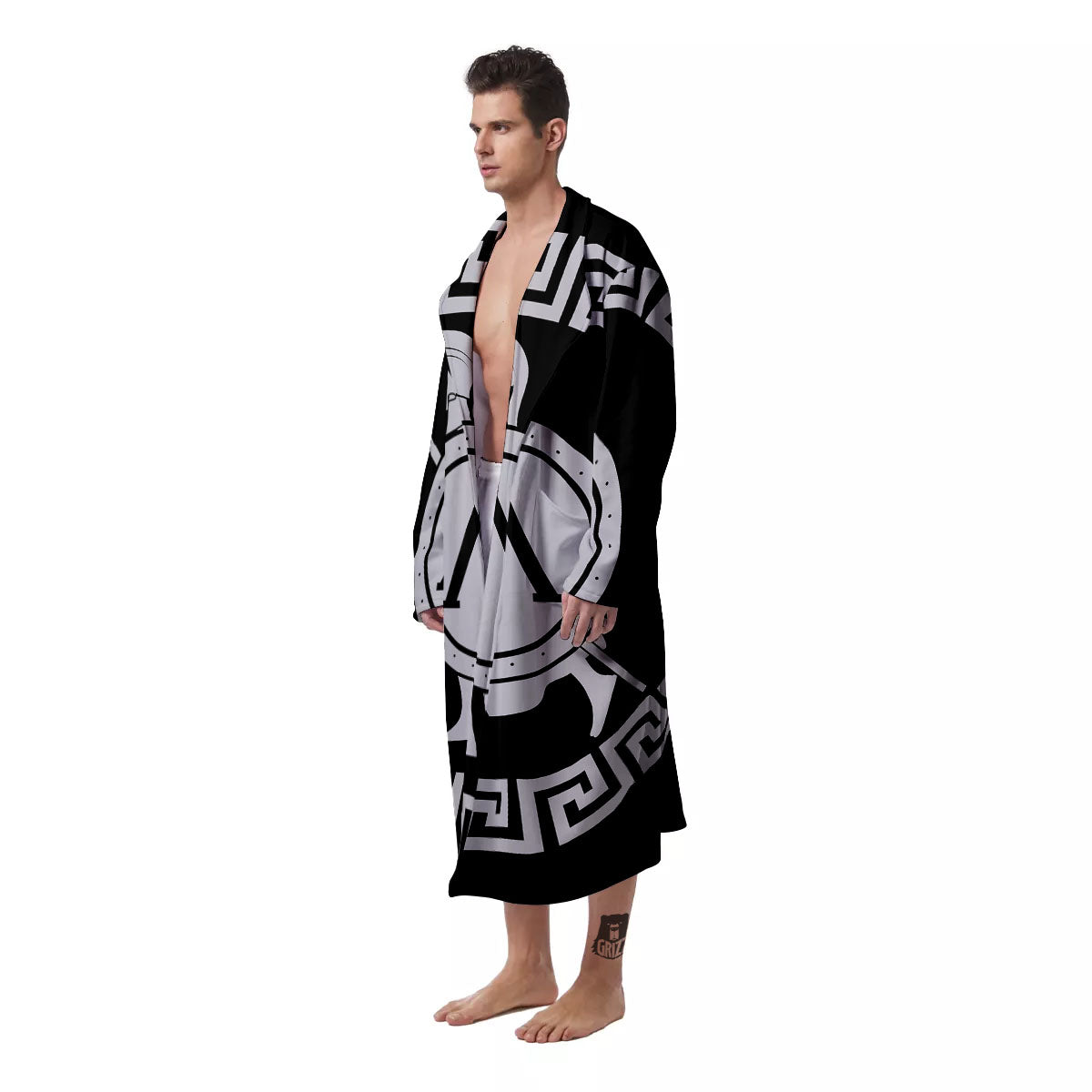 Spartan Warrior White And Black Print Men's Robe-grizzshop