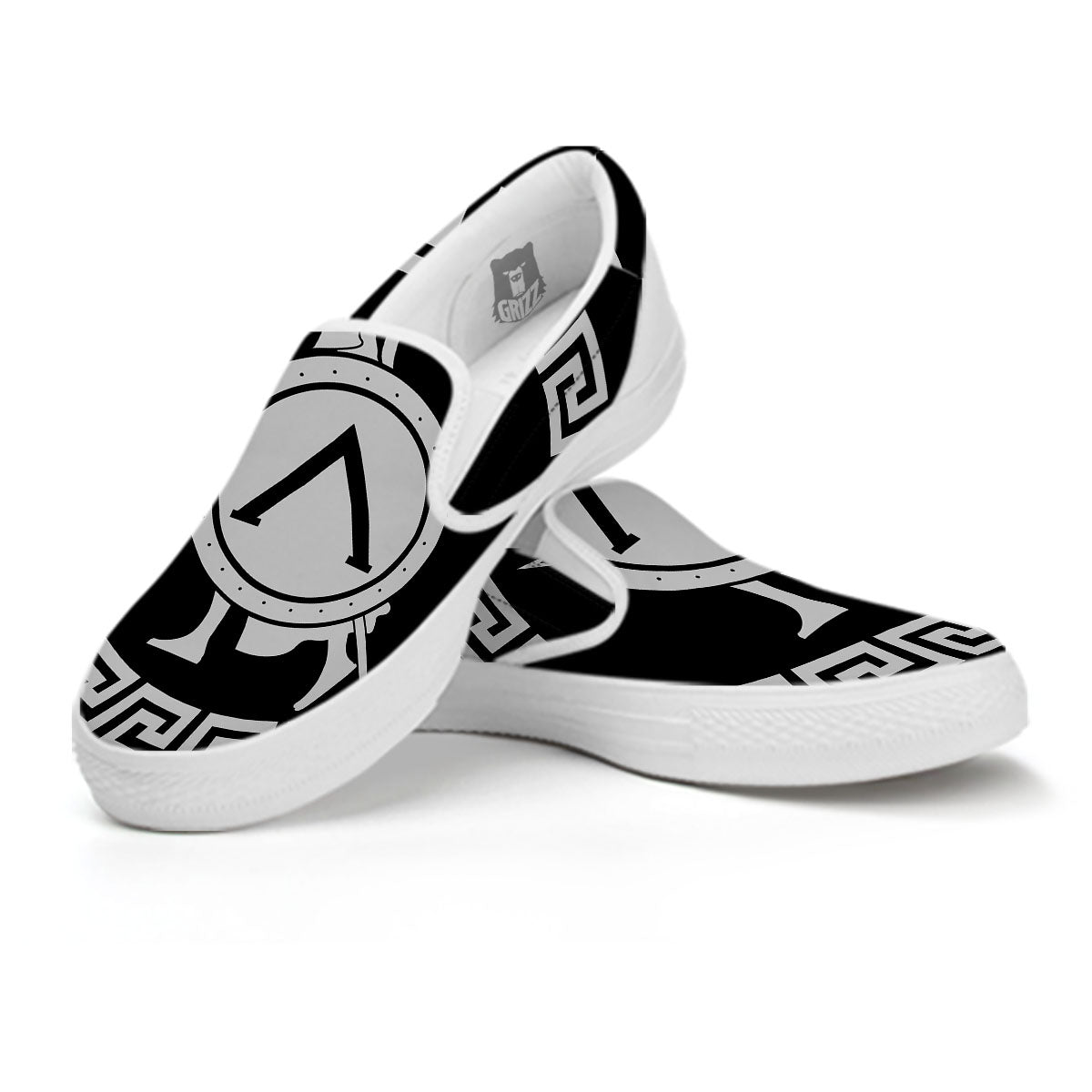 Spartan Warrior White And Black Print White Slip On Shoes-grizzshop
