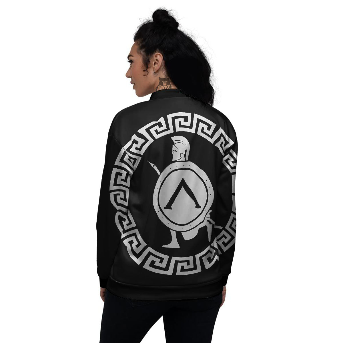 Spartan Warrior White And Black Print Women's Bomber Jacket-grizzshop