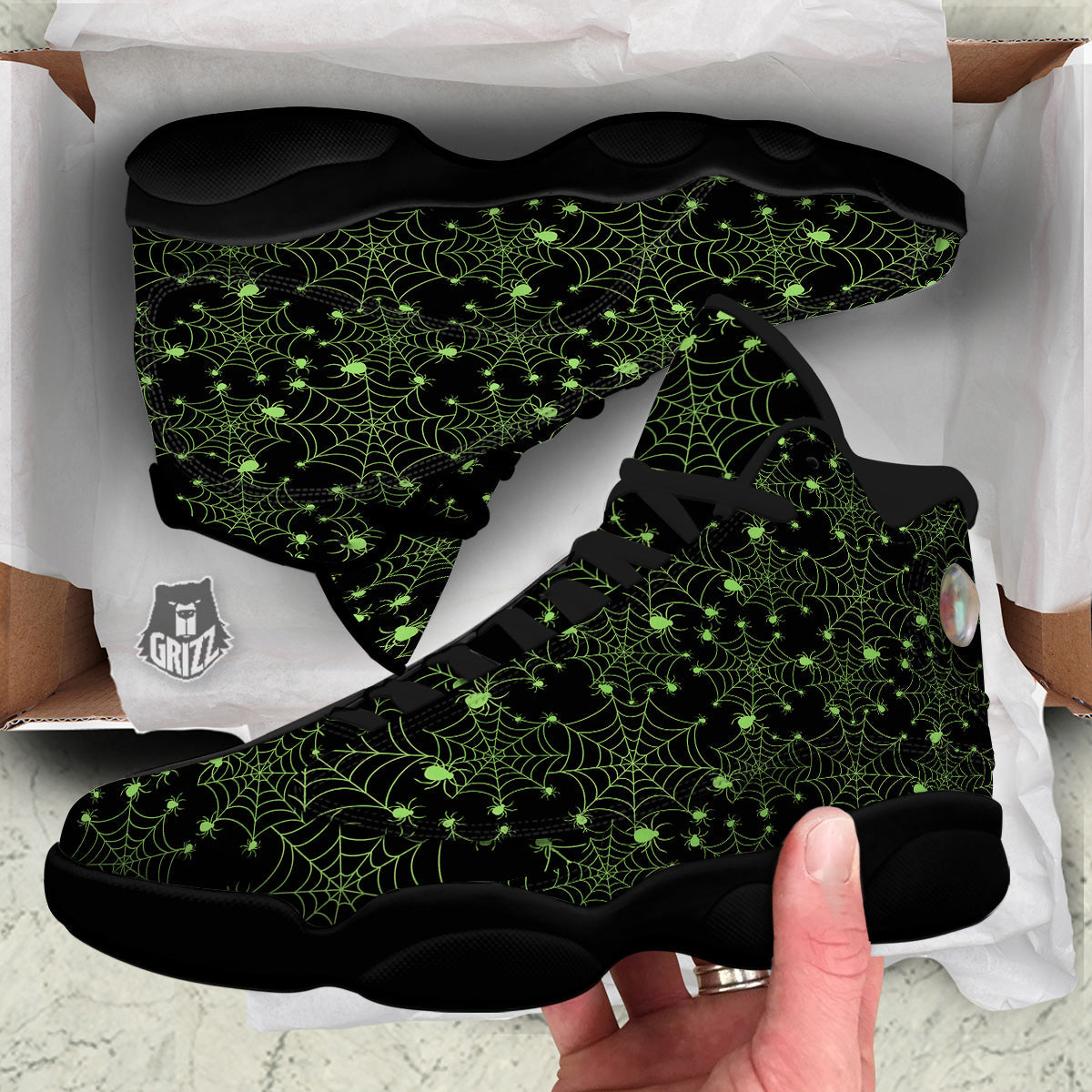 Spider Black And Green Neon Spider Web Print Pattern Black Basketball Shoes-grizzshop