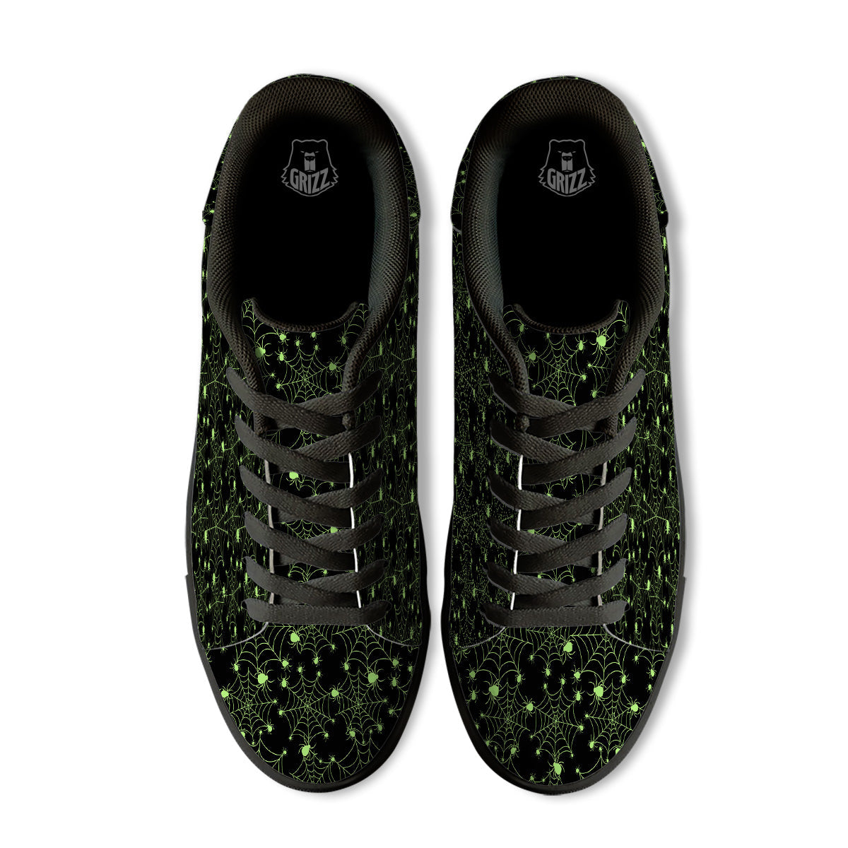 Spider Black And Green Neon Spider Web Print Pattern Black Low Top Sneakers-grizzshop