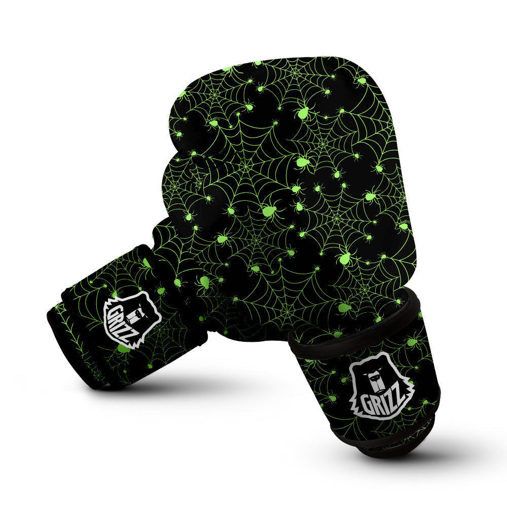 Spider Black And Green Neon Spider Web Print Pattern Boxing Gloves-grizzshop