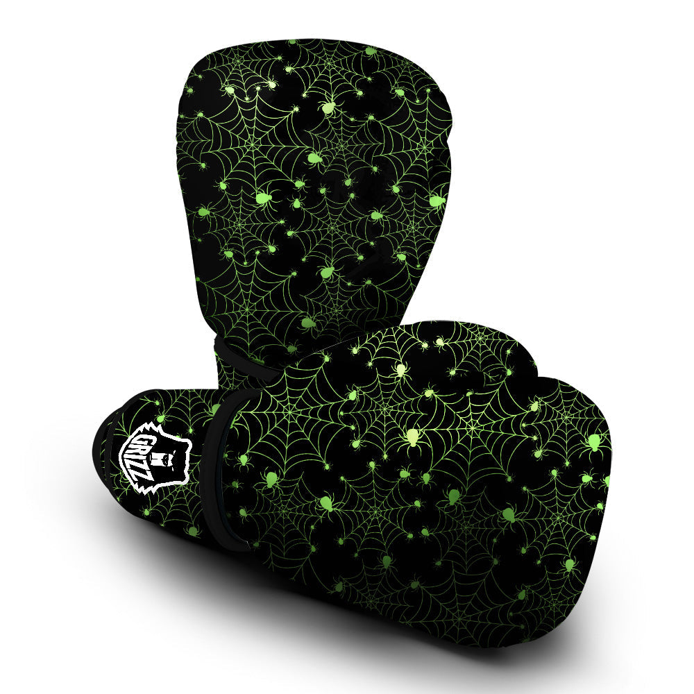 Spider Black And Green Neon Spider Web Print Pattern Boxing Gloves-grizzshop