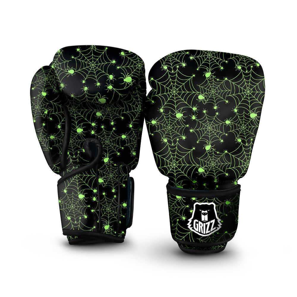 Spider Black And Green Neon Spider Web Print Pattern Boxing Gloves-grizzshop