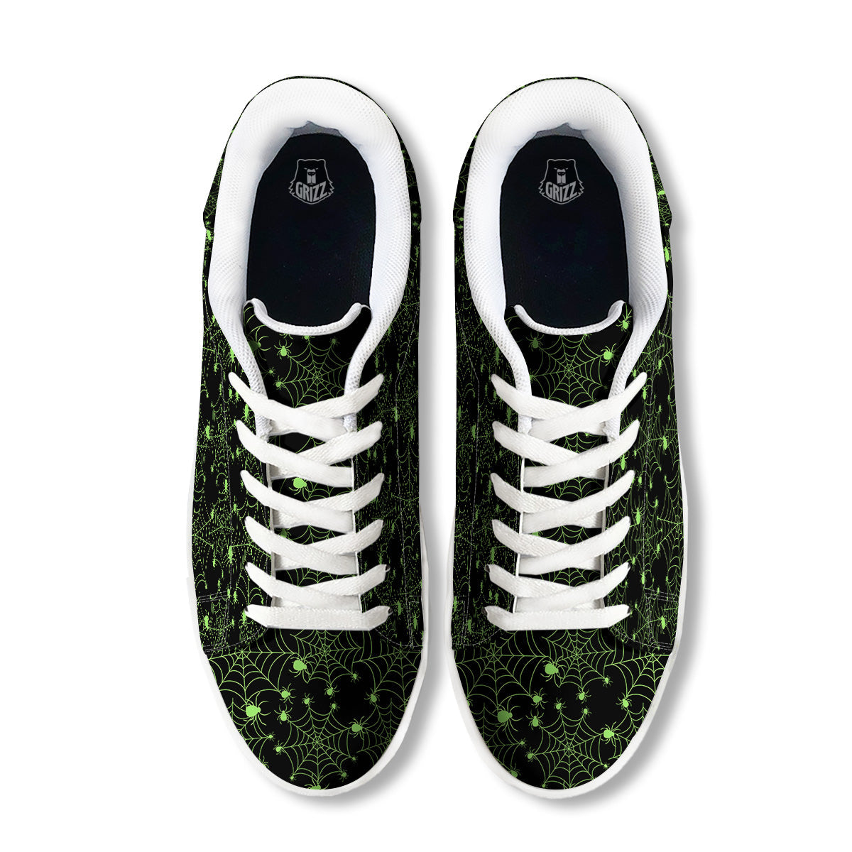 Spider Black And Green Neon Spider Web Print Pattern White Low Top Sneakers-grizzshop