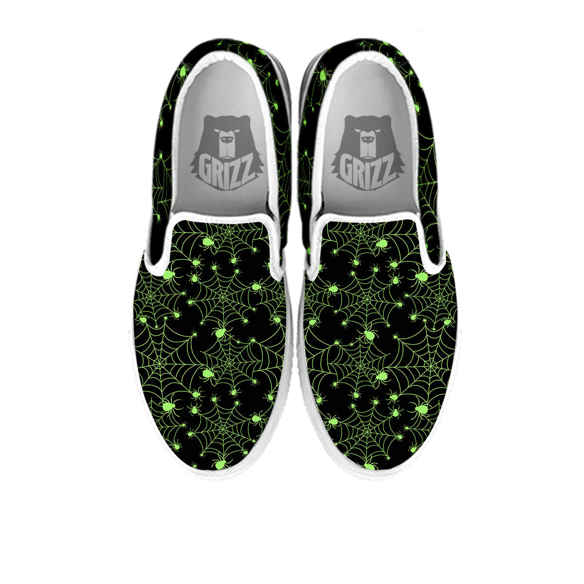 Spider Black And Green Neon Spider Web Print Pattern White Slip On Shoes-grizzshop