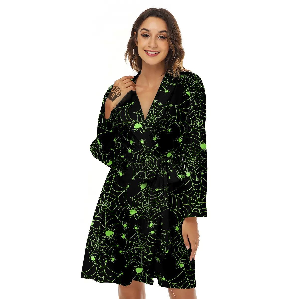 Spider Black And Green Neon Spider Web Print Pattern Women's Robe-grizzshop