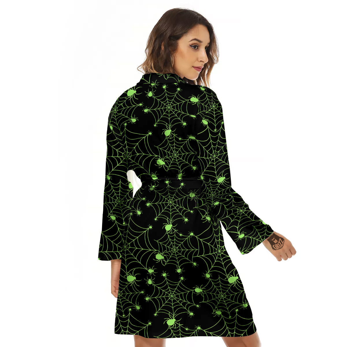Spider Black And Green Neon Spider Web Print Pattern Women's Robe-grizzshop