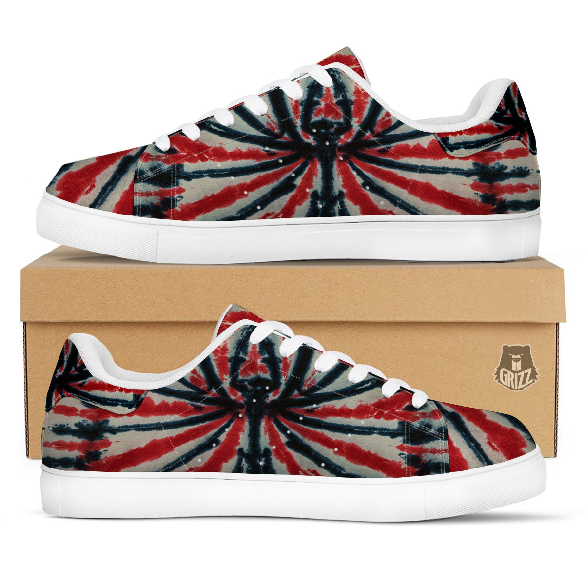 Spider Tie Dye Red And Black Print White Low Top Sneakers-grizzshop