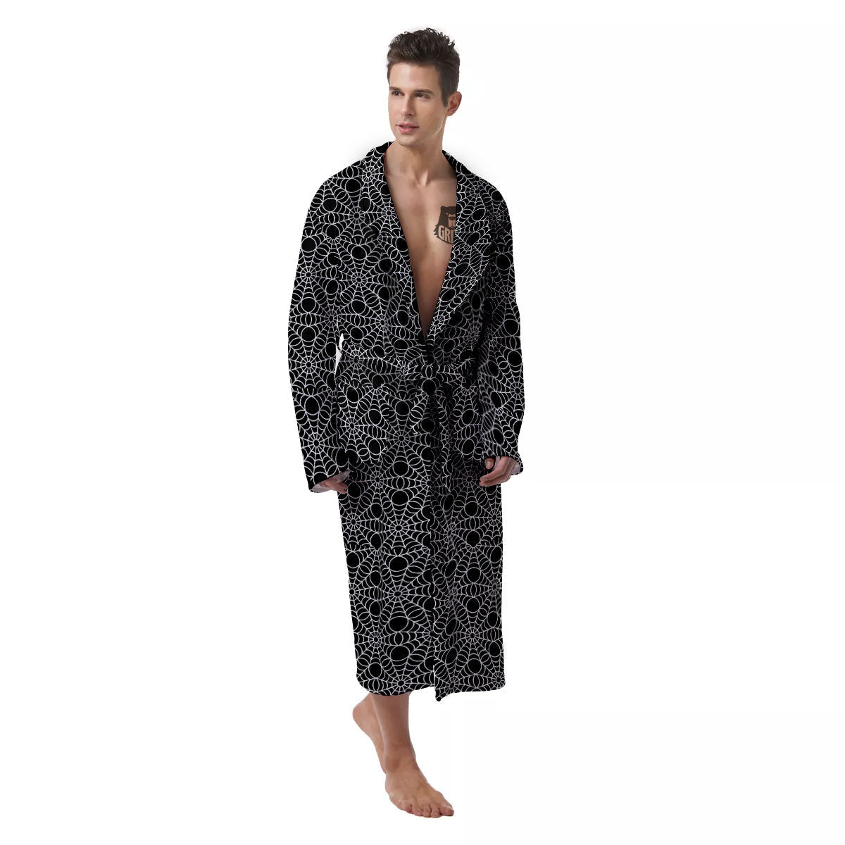 Spider Web Black Print Pattern Men's Robe-grizzshop