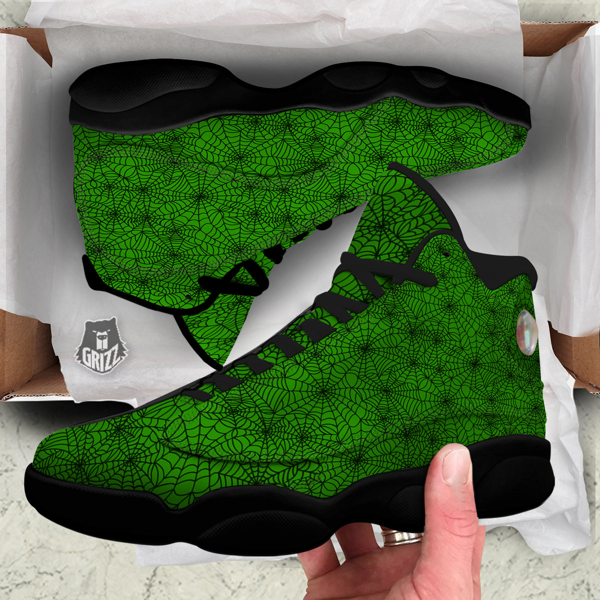 Spider Web Green And Black Print Pattern Black Basketball Shoes-grizzshop