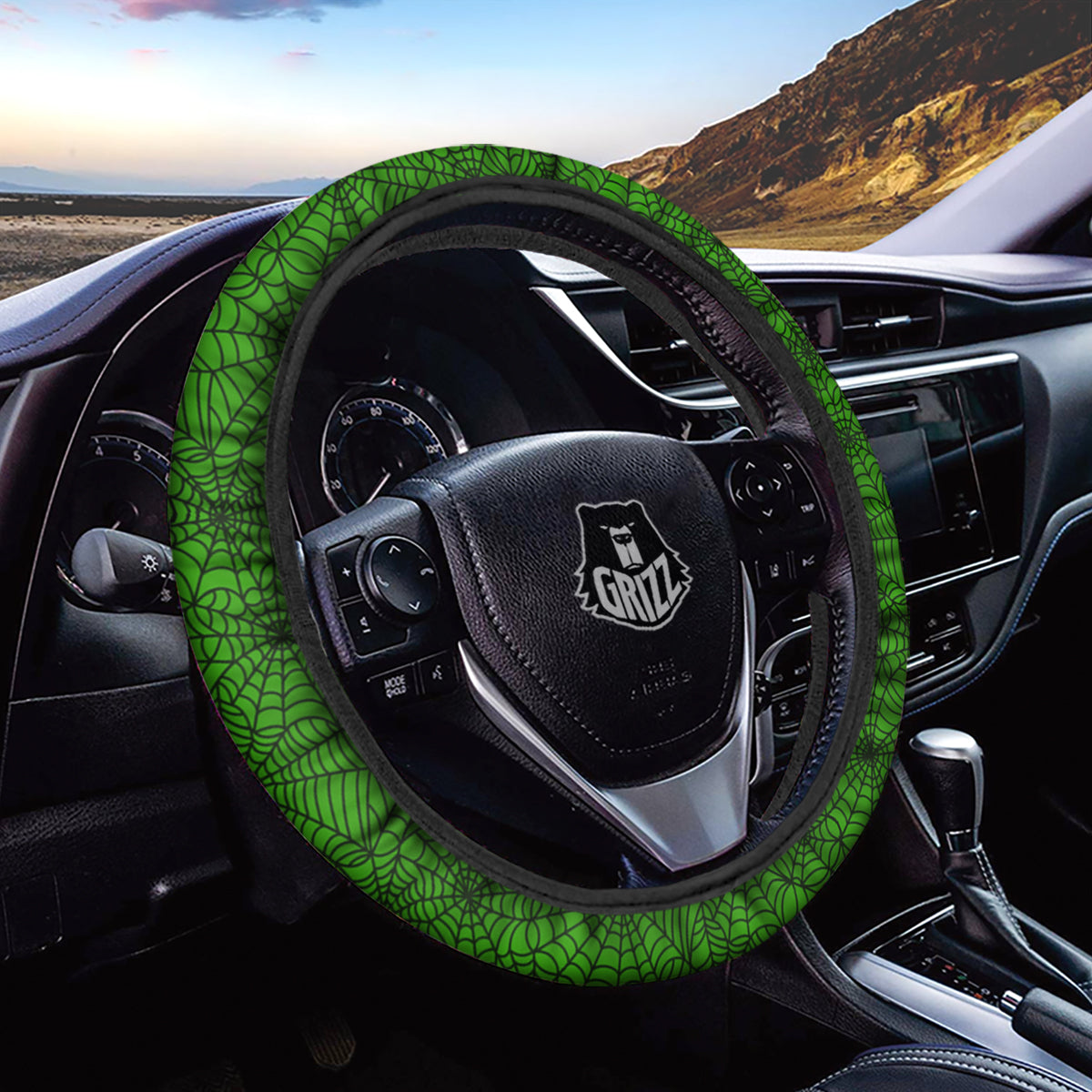 Spider Web Green And Black Print Pattern Car Steering Wheel Cover-grizzshop
