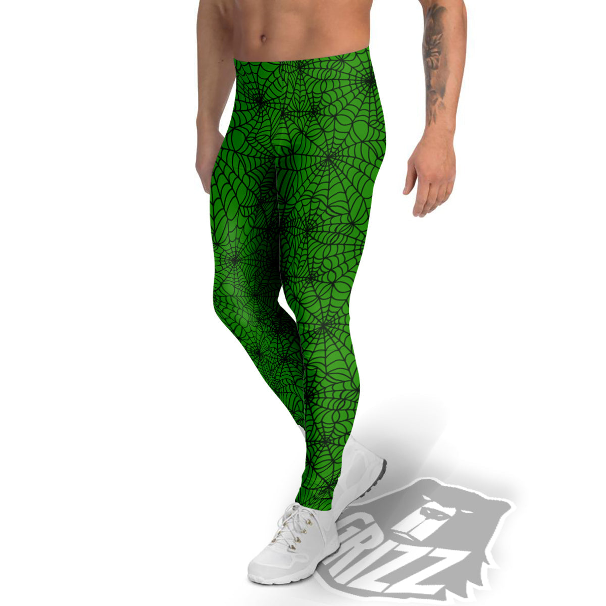 Spider Web Green And Black Print Pattern Men's Leggings-grizzshop