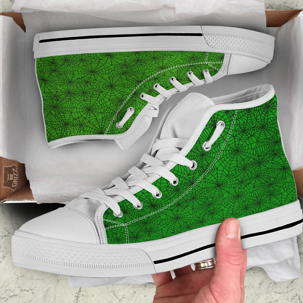 Spider Web Green And Black Print Pattern White High Top Shoes-grizzshop