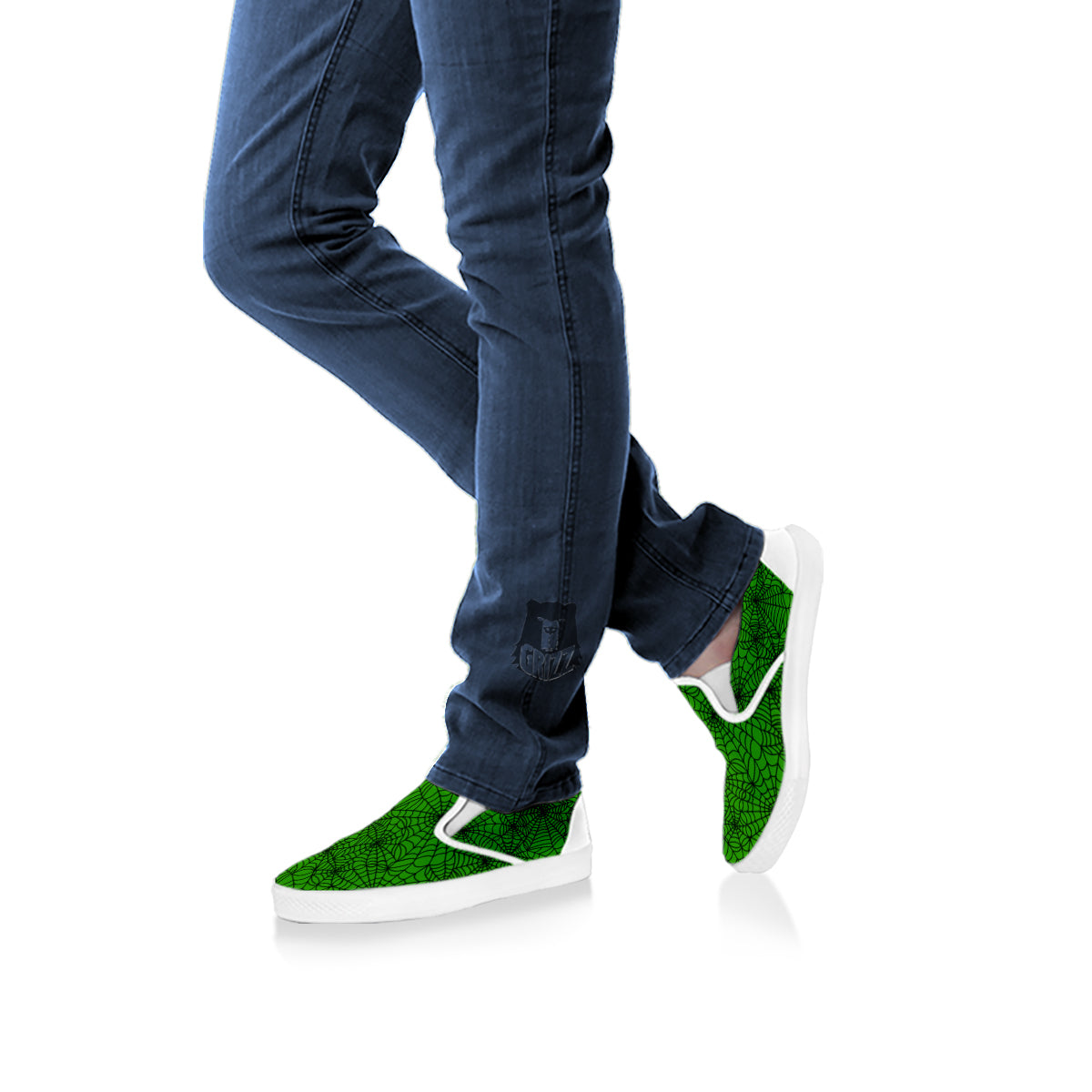 Spider Web Green And Black Print Pattern White Slip On Shoes-grizzshop