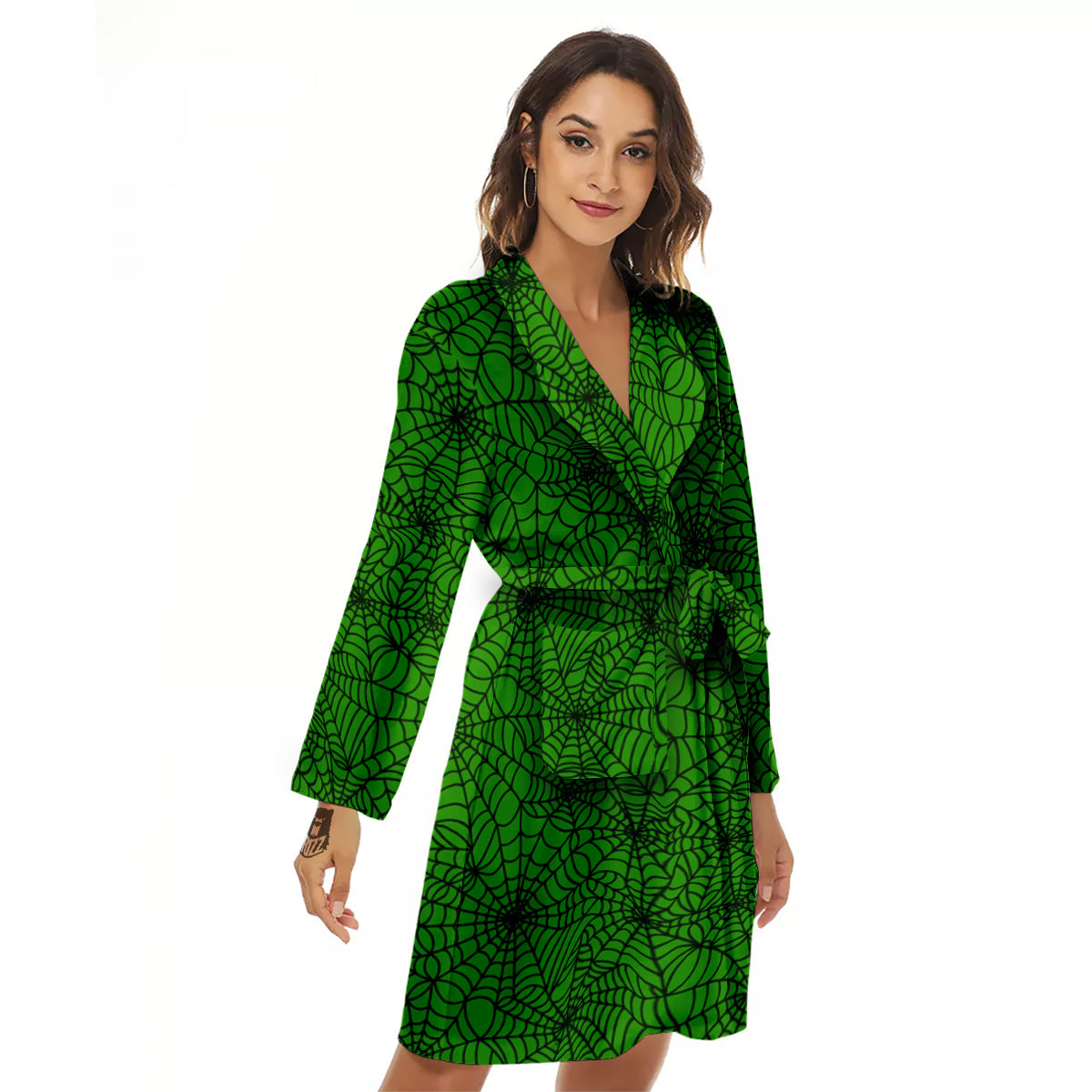 Spider Web Green And Black Print Pattern Women's Robe-grizzshop