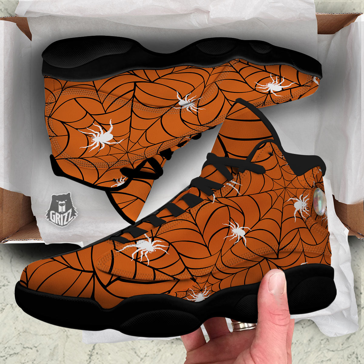 Spider Web Orange And Black Print Black Basketball Shoes-grizzshop