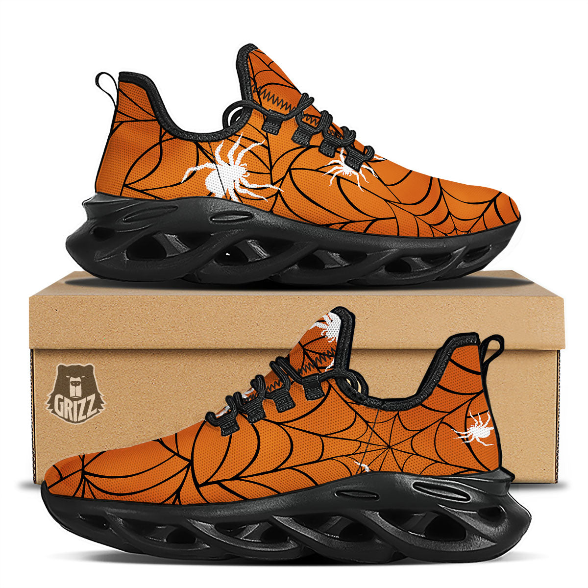 Spider Web Orange And Black Print Black Running Shoes-grizzshop