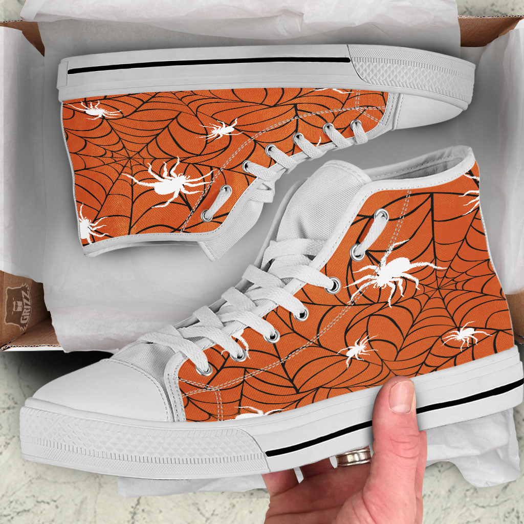 Spider Web Orange And Black Print White High Top Shoes-grizzshop