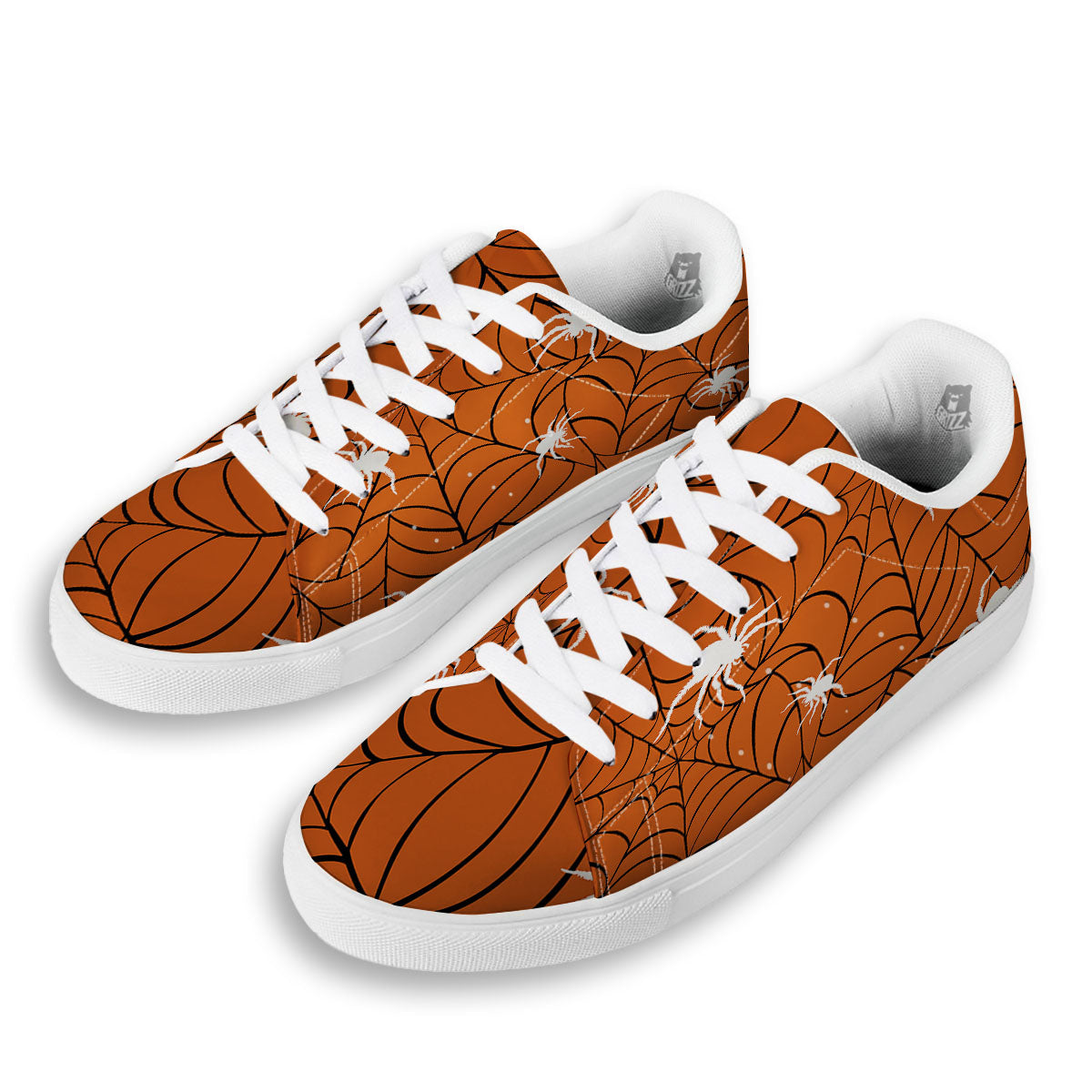Spider Web Orange And Black Print White Low Top Sneakers-grizzshop