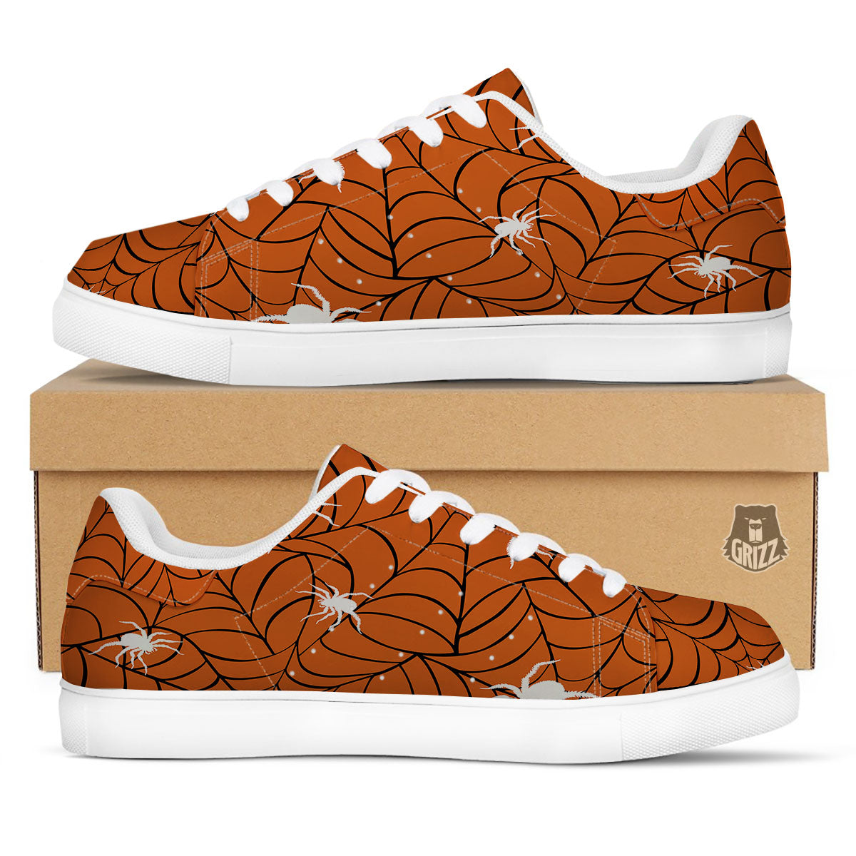 Spider Web Orange And Black Print White Low Top Sneakers-grizzshop