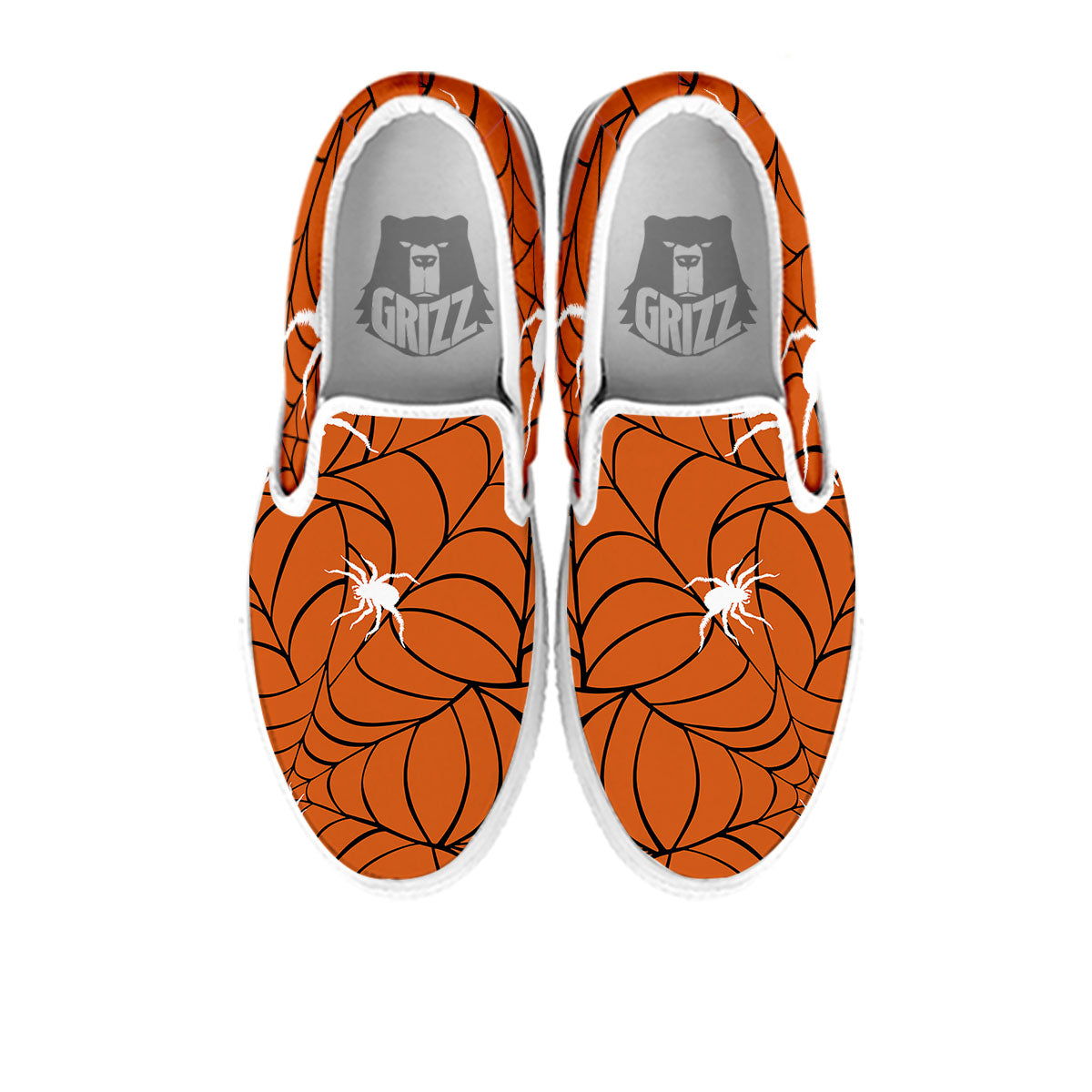 Spider Web Orange And Black Print White Slip On Shoes-grizzshop