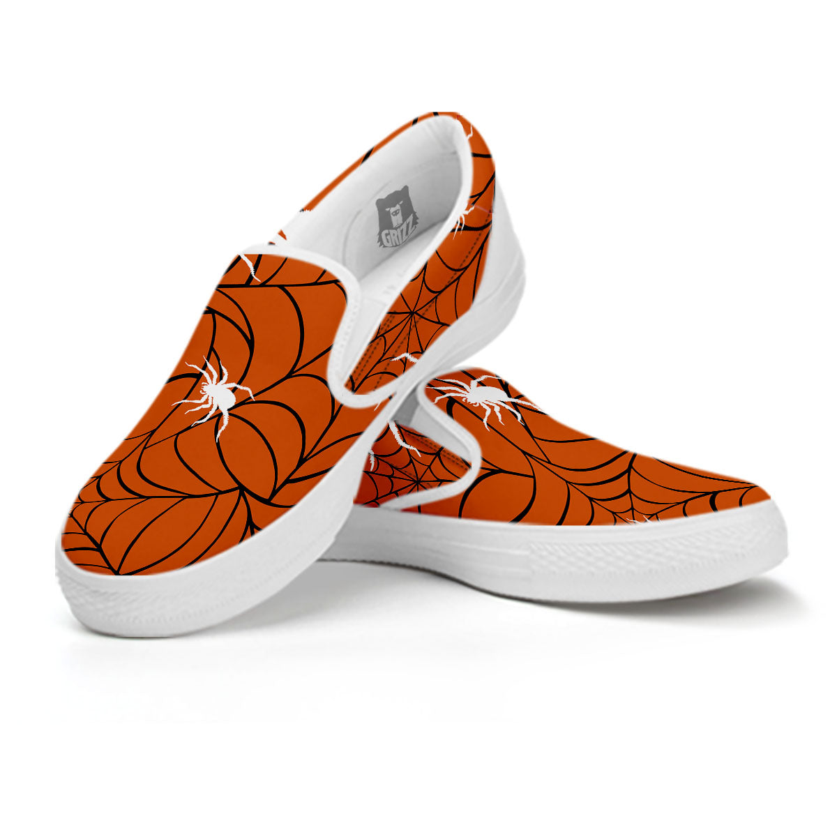 Spider Web Orange And Black Print White Slip On Shoes-grizzshop