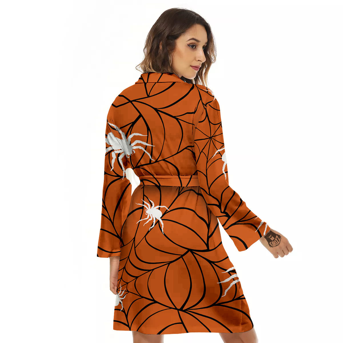 Spider Web Orange And Black Print Women's Robe-grizzshop