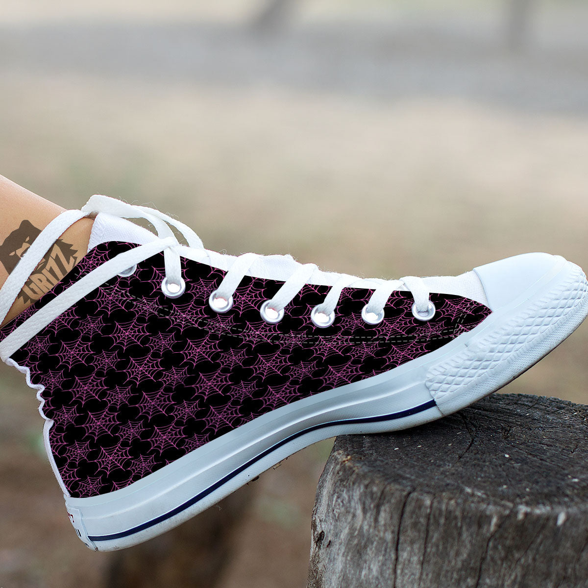 Spider Web Pink And Black Print Pattern White High Top Shoes-grizzshop