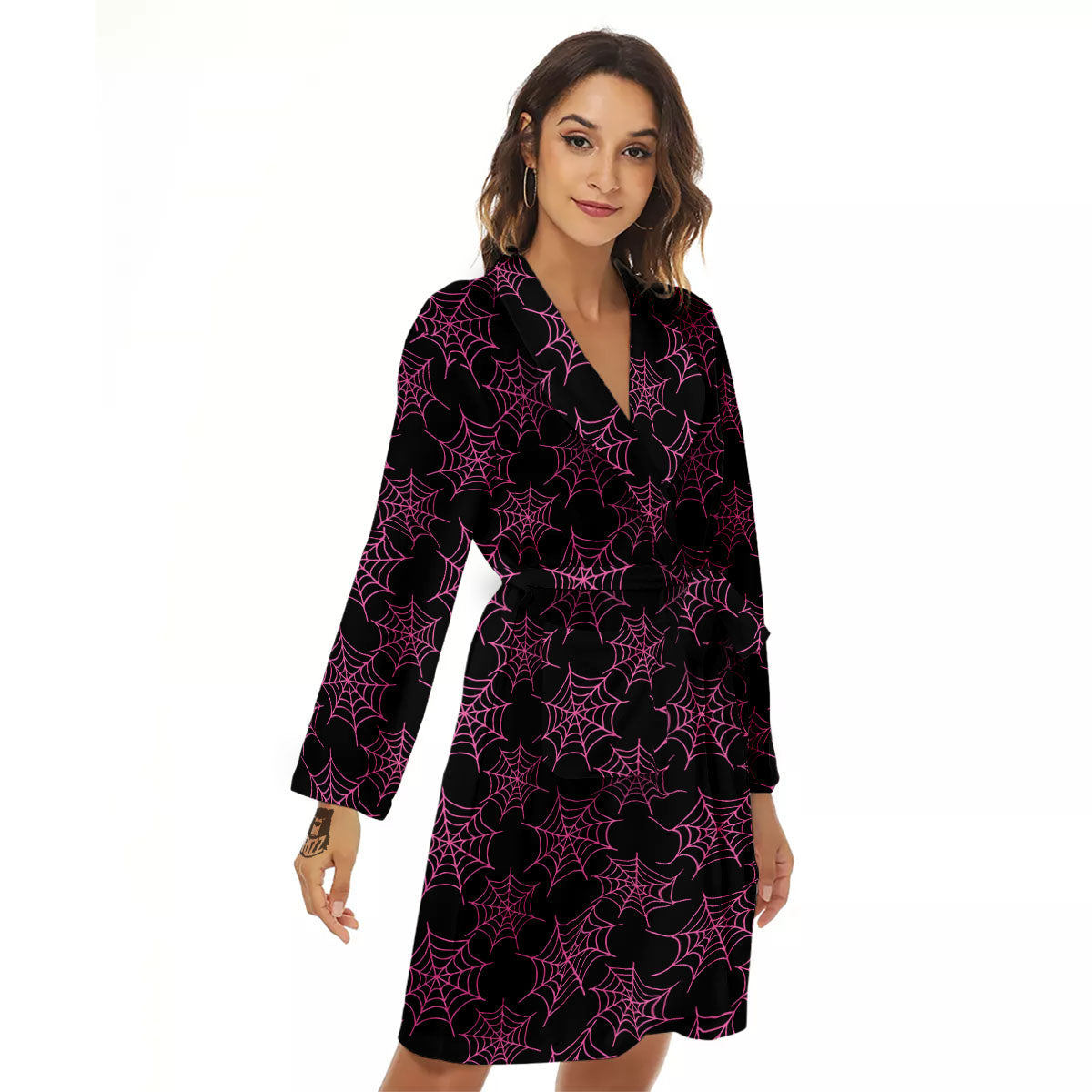 Spider Web Pink And Black Print Pattern Women's Robe-grizzshop