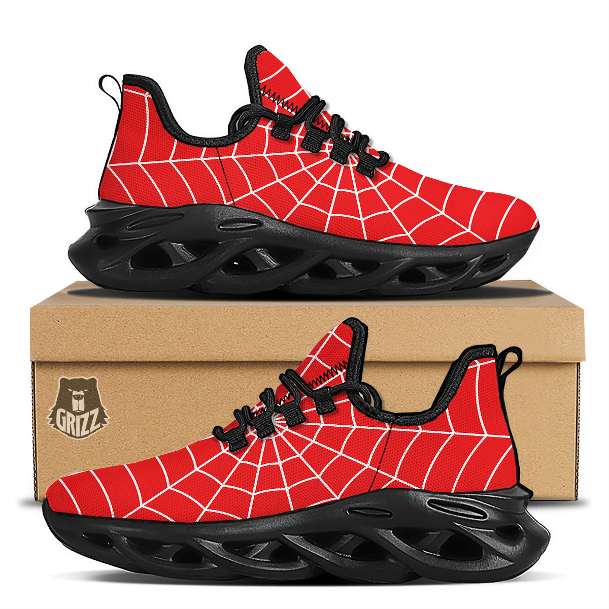 Spider Web Red Print Black Running Shoes-grizzshop