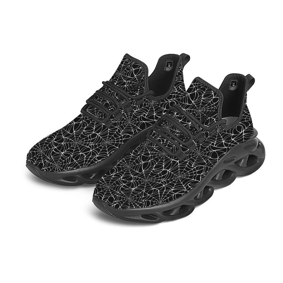 Spider Web White And Black Print Pattern Black Running Shoes-grizzshop