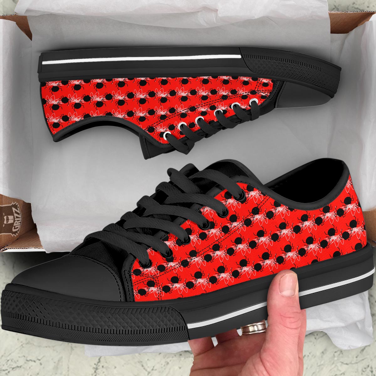 Spider Web White And Red Print Pattern Black Low Top Shoes-grizzshop