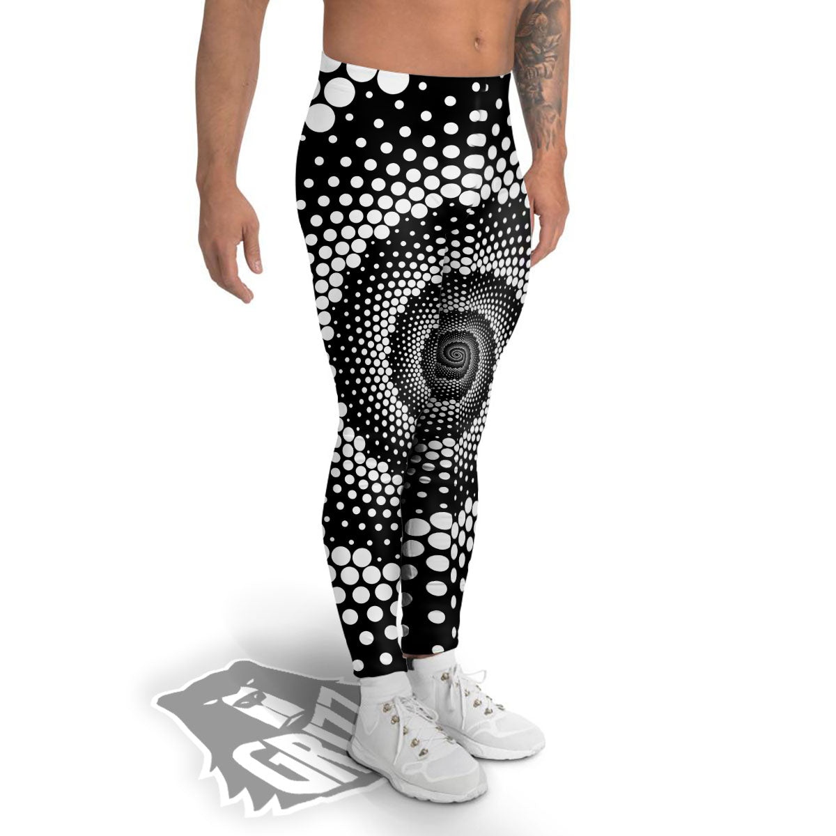 Spiral Dot White And Black Print Men's Leggings-grizzshop