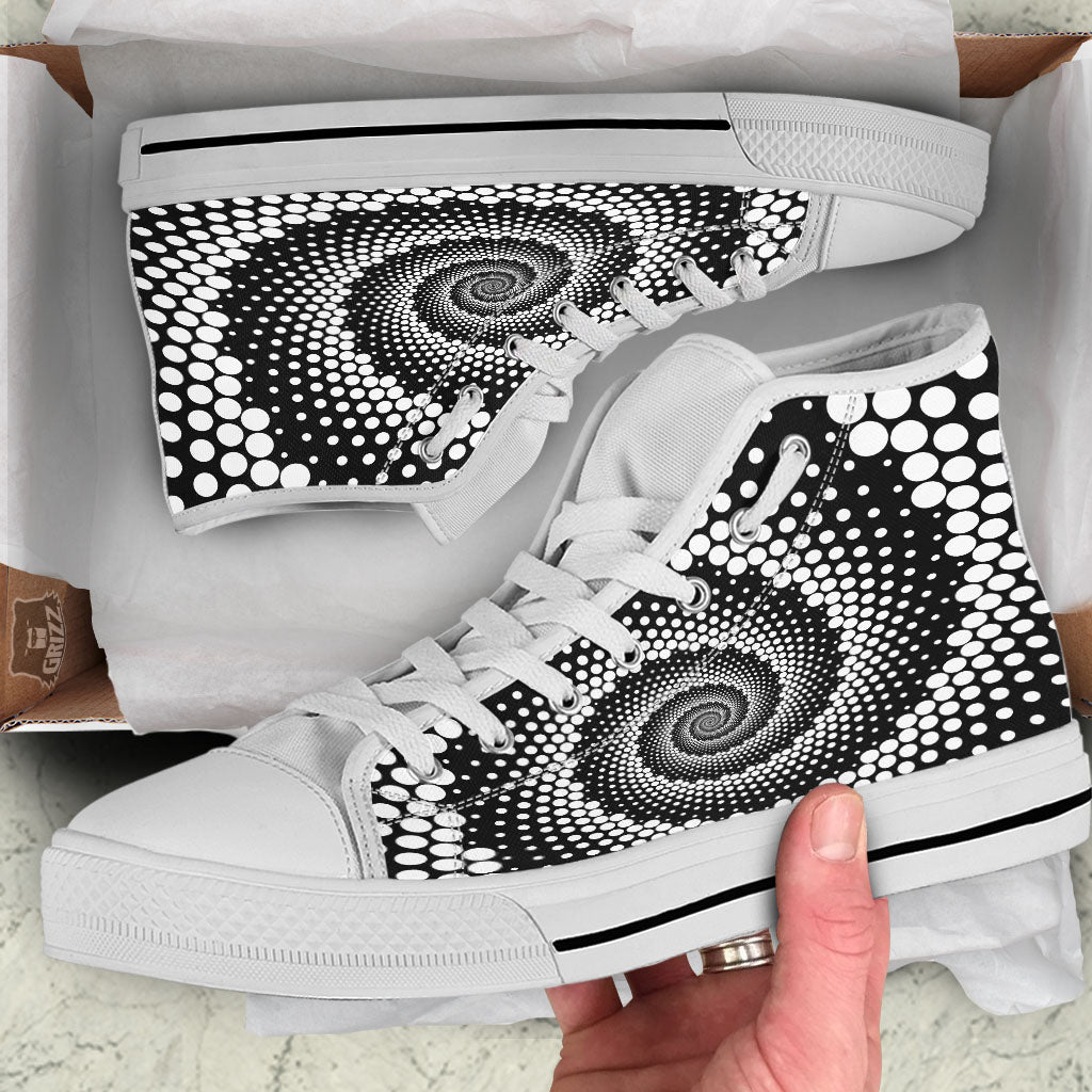Spiral Dot White And Black Print White High Top Shoes-grizzshop