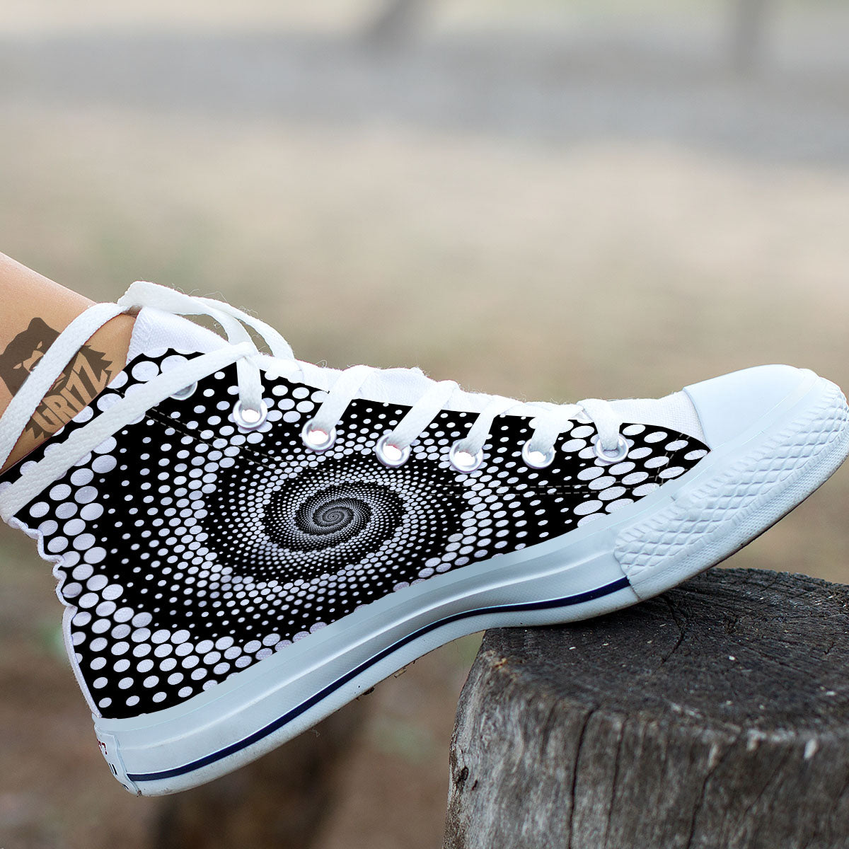 Spiral Dot White And Black Print White High Top Shoes-grizzshop