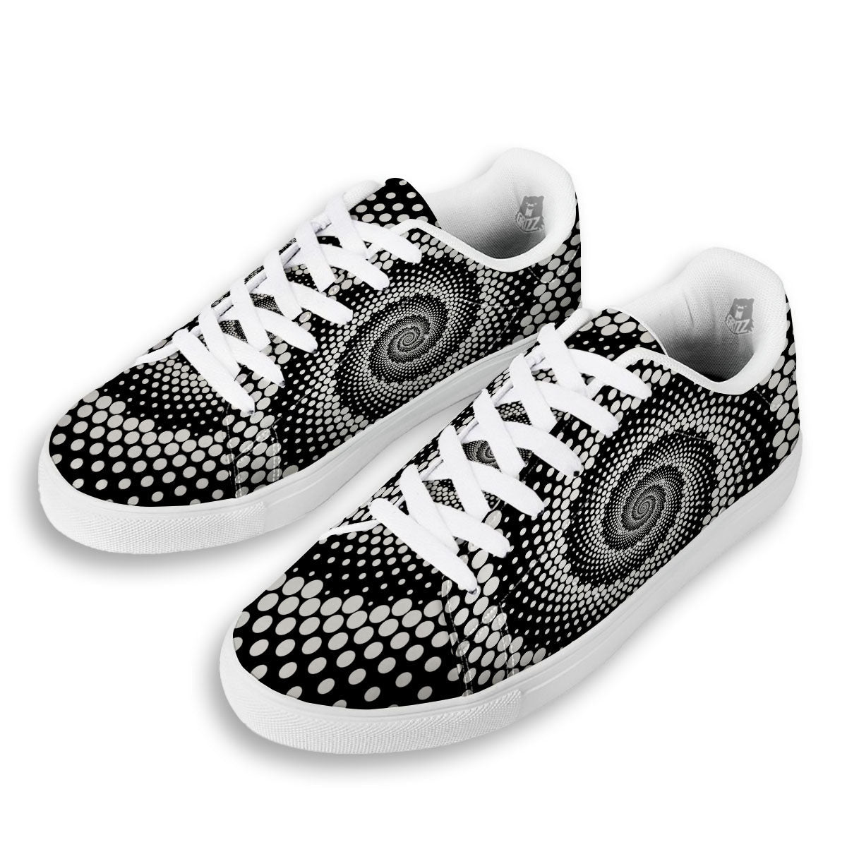 Spiral Dot White And Black Print White Low Top Sneakers-grizzshop