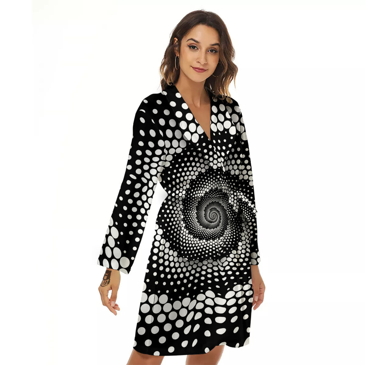 Spiral Dot White And Black Print Women's Robe-grizzshop
